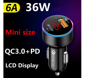  For iPhone 12 Huawei Xiaomi Type C Mobile Phone PD USB Car Charger LCD Display Mini Quick Charge 3.0 6A 36W QC3.0 Fast Charger