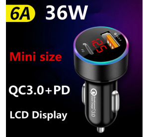 Para iPhone 12 Huawei Xiaomi Tipo C Teléfono móvil PD USB Cargador de coche Pantalla LCD Mini carga rápida 3.0 6A 36W QC3.0 Cargador rápido