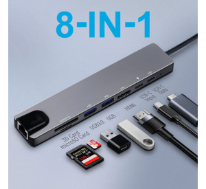 USB3.0 C Hub 8 puertos en 1 Tipo-c Expansión a 100M Puerto de red Lector de tarjetas Hub de datos