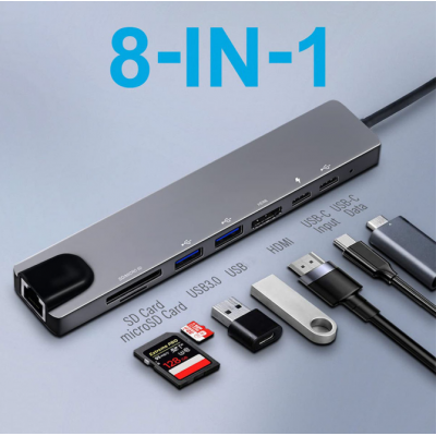 USB3.0 C Hub 8 puertos en 1 Tipo-c Expansión a 100M Puerto de red Lector de tarjetas Hub de datos' />